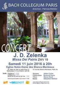 Missa dei Patris de Zelenka. Le samedi 11 juin 2016 à Paris04. Paris.  20H00